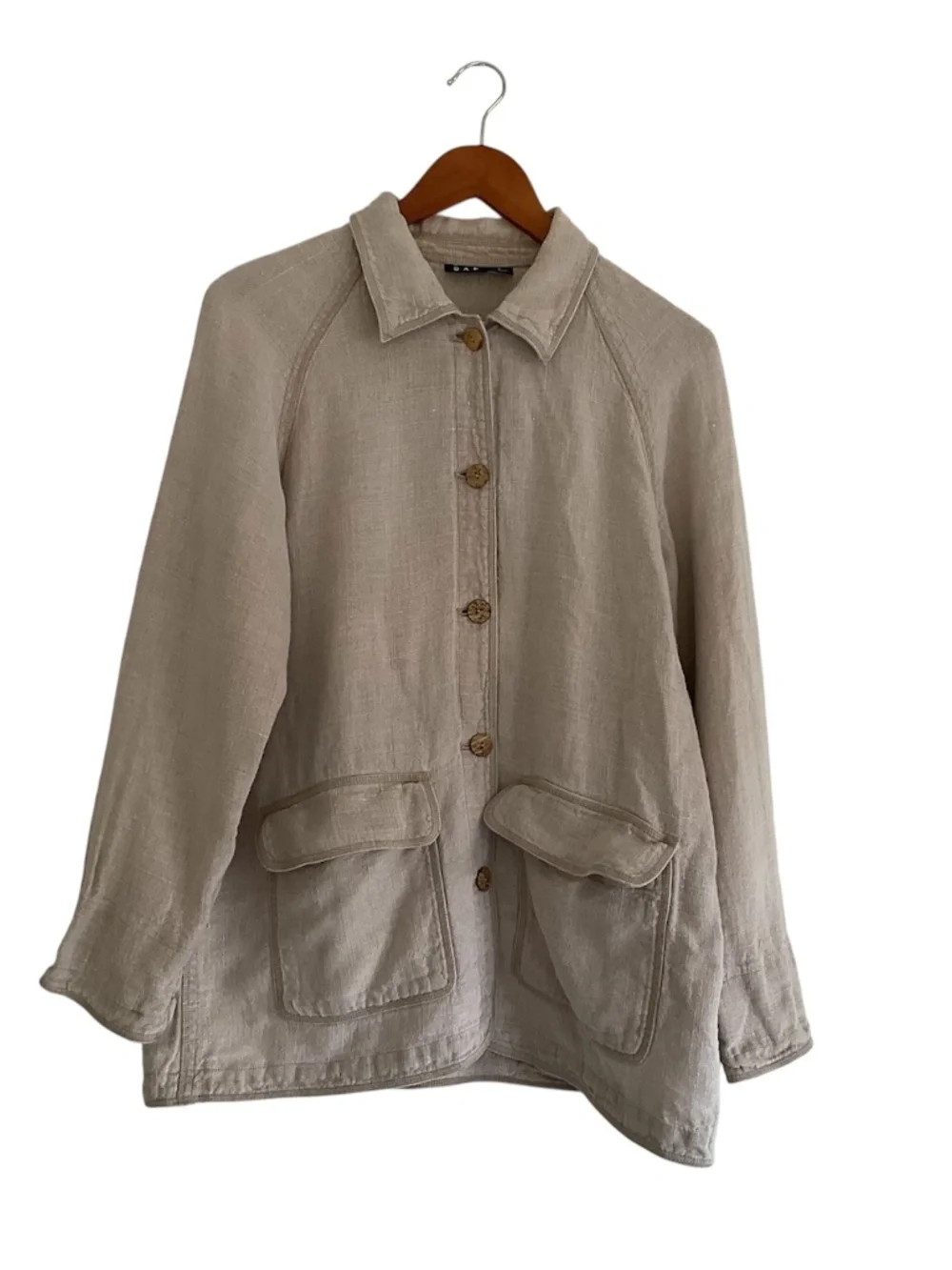 VTG Gap 100% Linen Button Up Jacket S Tan Utility Lagenlook Slouchy Chore Coat - Picture 2 of 9